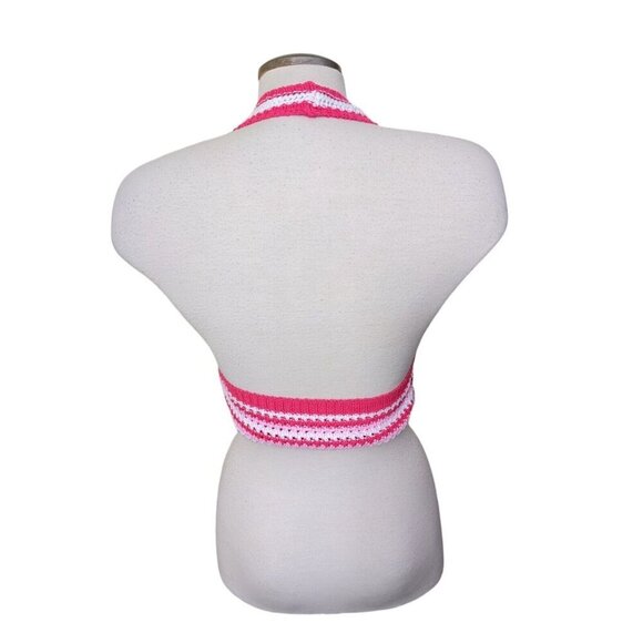 Vintage Crochet Halter Bralette Pink White Striped Handmade in Italy S/M - Picture 4 of 6